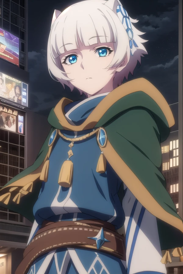 meteoraosterreich, <lora:meteora osterreich s1-lora-nochekaiser:1>, 
meteora osterreich, short hair, bangs, blue eyes, hair ornament, white hair, blunt bangs,
BREAK cape, cloak,
BREAK outdoor, city, night, sky, buildings, moon, clouds,
BREAK looking at viewer, (cowboy shot:1.5),
BREAK <lyco:GoodHands-beta2:1>, (masterpiece:1.2), best quality, high resolution, unity 8k wallpaper, (illustration:0.8), (beautiful detailed eyes:1.6), extremely detailed face, perfect lighting, extremely detailed CG, (perfect hands, perfect anatomy),