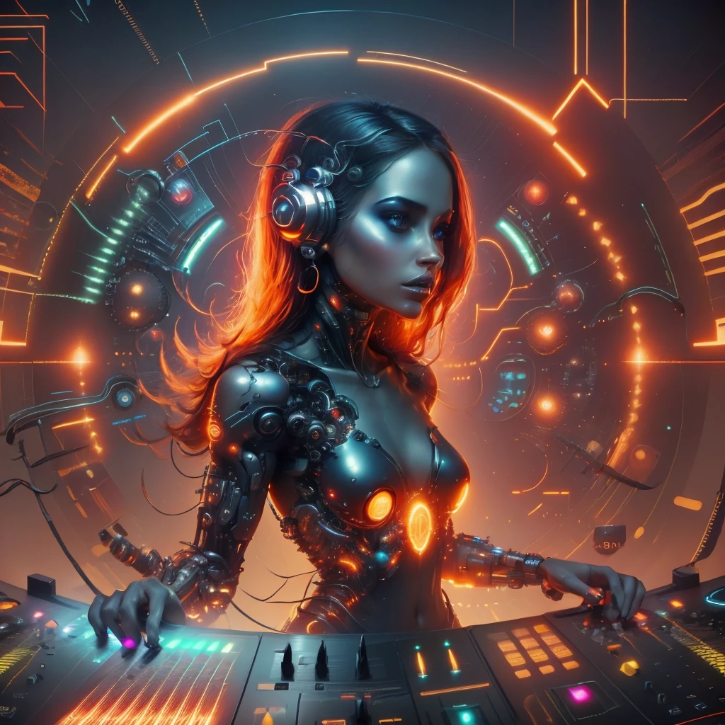 futuristic, cybernetic, 1girl, metal body, dj, circuitry gleaming, glowing red-orange energy portal, techno patterns, blue orbs, modern font, symbolizing the techno-music fusion, ZteknoStyle01, <lora:ZteknoStyle01-10:0.7>