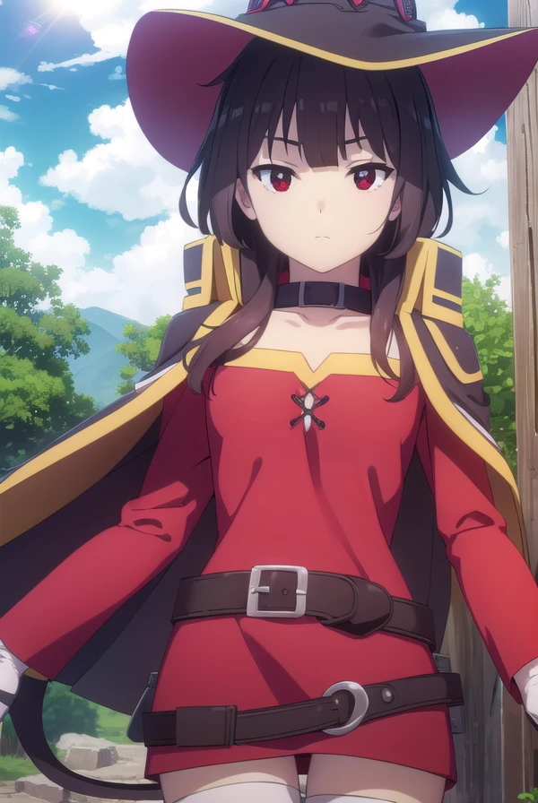 konosubamegumin, <lora:konosuba megumin movie-lora-nochekaiser:1>,
megumin, short hair, black hair, (red eyes:1.3), short hair with long locks,
BREAK thighhighs, gloves, hat, dress, black gloves, belt, black thighhighs, fingerless gloves, cape, collar, witch hat, bandages, red dress, single thighhigh, asymmetrical legwear, bandaged leg,
BREAK outdoor, forest, nature, trees, village, sky, sun, clouds,
BREAK looking at viewer, (cowboy shot:1.5),
BREAK <lyco:GoodHands-beta2:1>, (masterpiece:1.2), best quality, high resolution, unity 8k wallpaper, (illustration:0.8), (beautiful detailed eyes:1.6), extremely detailed face, perfect lighting, extremely detailed CG, (perfect hands, perfect anatomy),