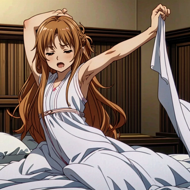 ((top quality, 8k wallpaper)),(masterpiece, best quality),extremely detailed,high definition,(official art:1.3),(((anime screencap,black outline))),<lora:more_details:0.3>,<lora:LCM_LoRA_Weights_SD15:1>,1girl,solo,sleepy,wavy mouth,wince,
<lora:asuna_(sao)_v1:0.75>,aaasuna,long hair,brown hair,braid,brown eyes,
BREAK
<lora:wakeUp:0.4>,(((waking up, bed, stretching, arms up,sleepy,open mouth,wince,covered white blanket))),yawning,morning,bed sheet,blanket,pillow,