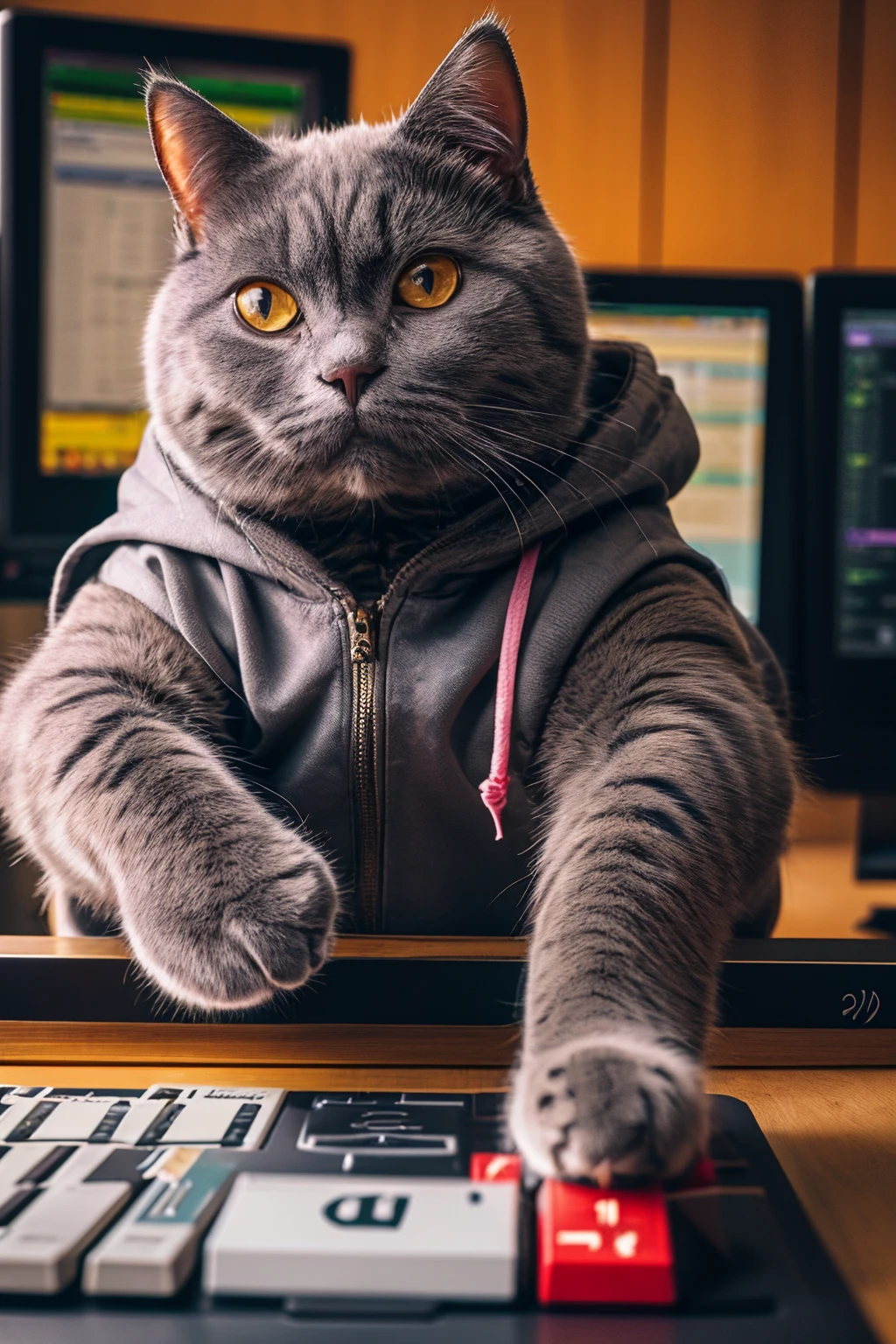 highres, 8k, absurdres, realistic, (Chartreux:1.3), (cat_human:1.3), looking at viewer, animal, paw, programmer, in front of computer, typing, hoodie, cat paw, paw, keyboard, computer screen,
<lora:Chartreux_v3-000010:0.55>