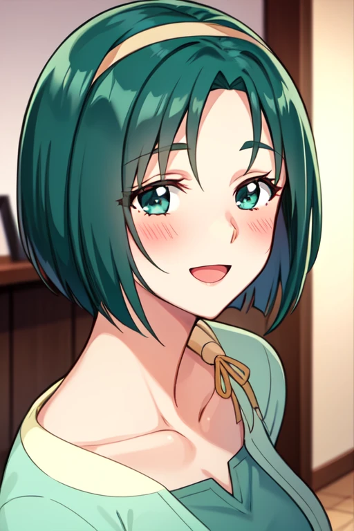 akimotokomachi, short hair, portrait, blush, hair ribbon, eyelashes, green shirt, :d, collarbone, large breasts