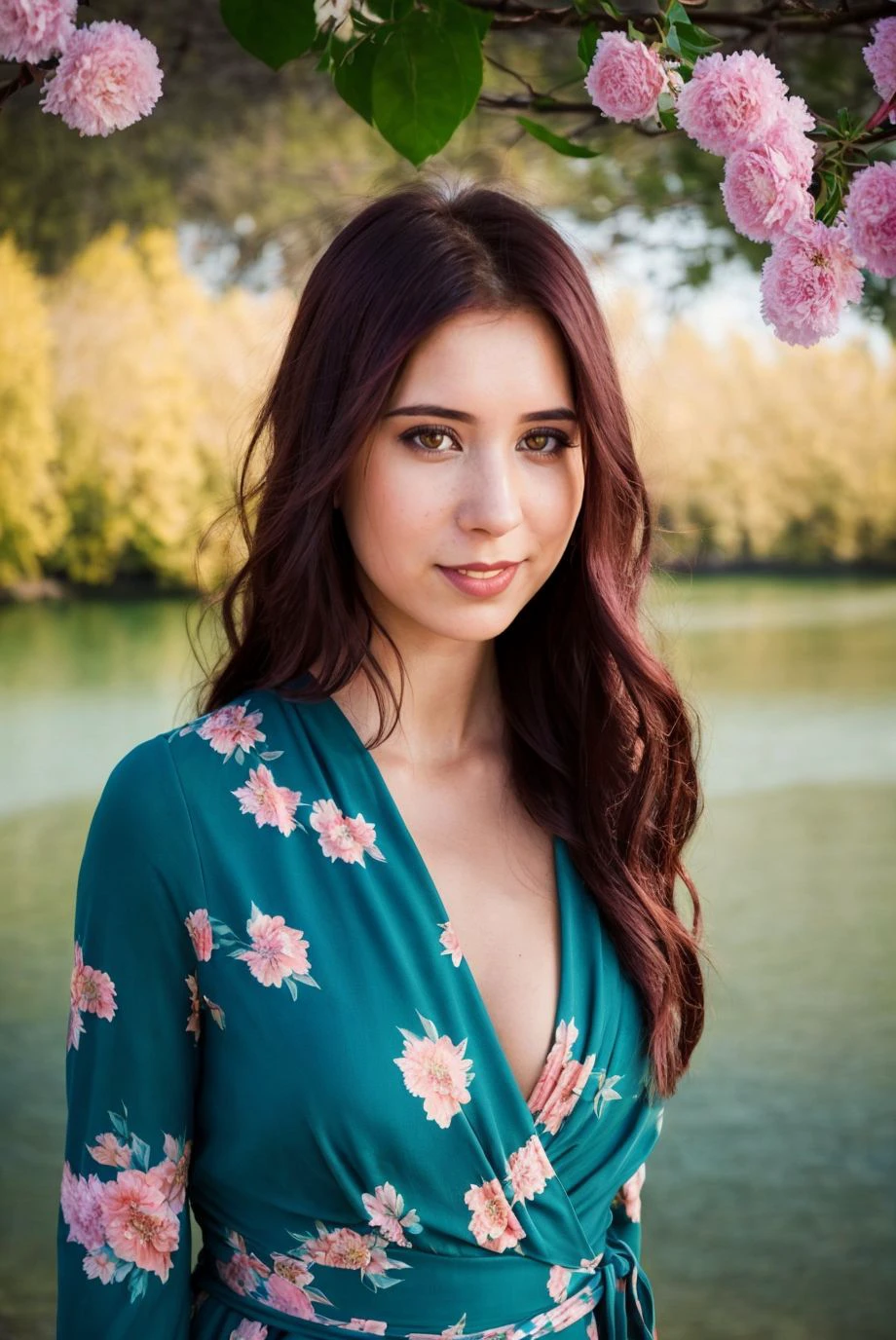 A stunning intricate full color portrait of a 25 years old beautiful woman, wearing a teal wrap dress with a delicate floral pattern, collapsed bridge, shy, epic character composition,by ilya kuvshinov, alessio albi, nina masic,sharp focus, subsurface scattering, f2, 35mm, film grain , sexy smile <lora:paulash:1>