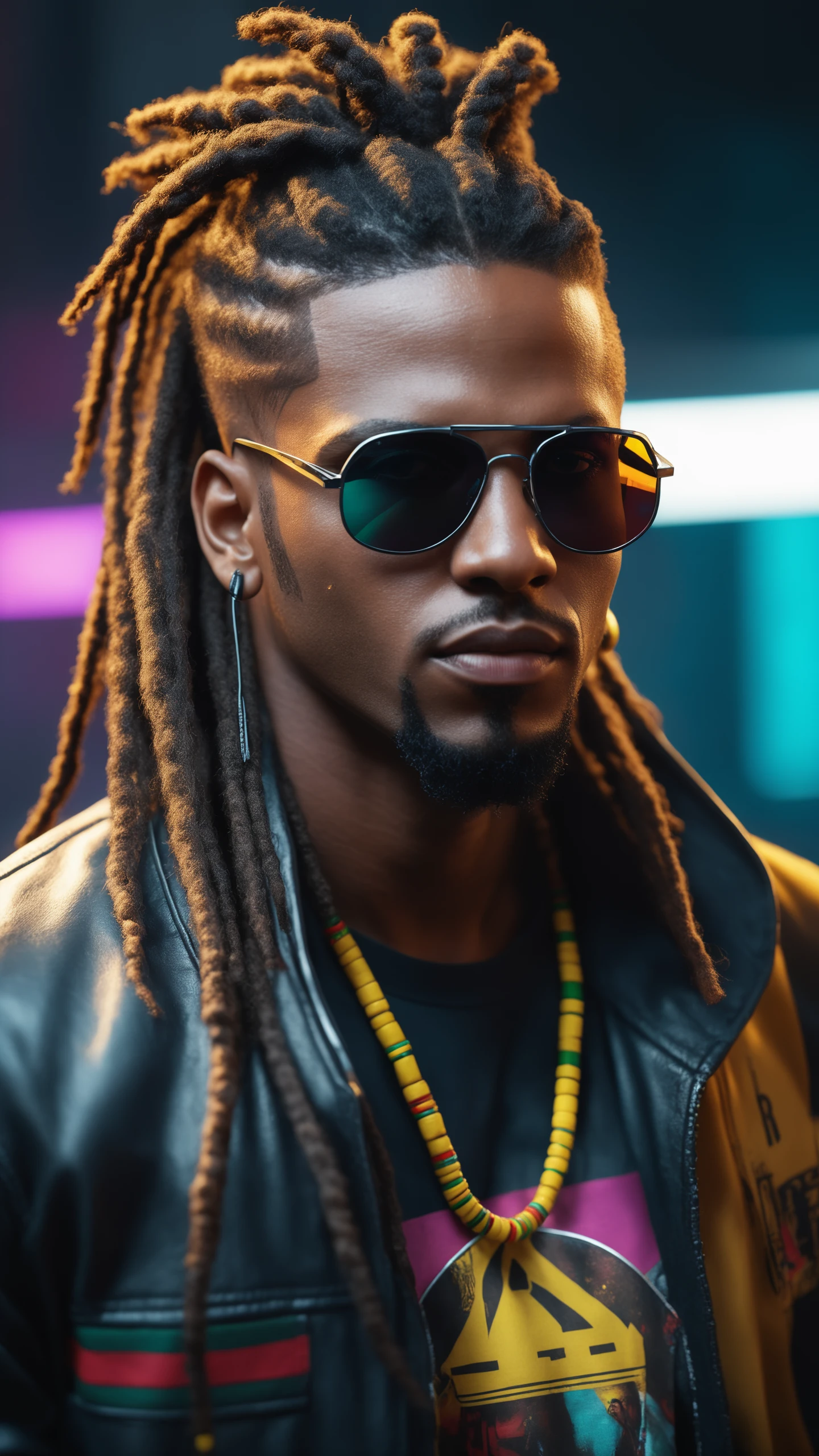 super high res, melhor qualidade, foto, 16k, (photorealistic: 1.2), cinematic lighting, In addition he wears mirrored sunglasses and also has dreads in his hair (Cyberpunk 2020), photo of a black man with rasta hair, photorealistic