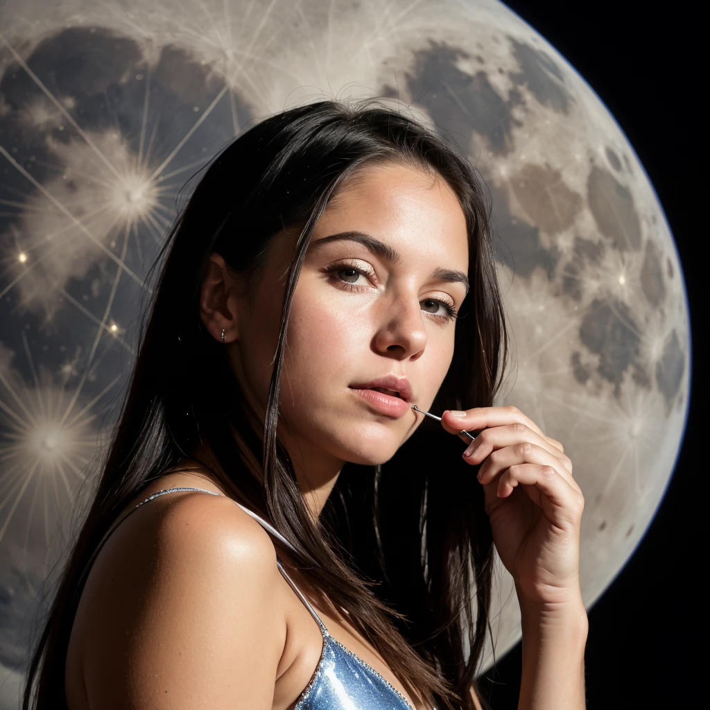 beautiful 22 year old woman with long flowing hair, highlighted against the moon in a wide angle shot, wearing a military outfit and a astronaut helmet under one arm as she watches a rocket launch into the starlit sky, high resolution, absurdres, HDR, 8K, epiCRealism,