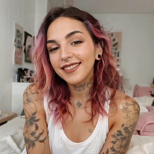 High quality image, masterpiece, Image of Pandarina a woman, <lora:Pandarina:0.8>, pink hair, smiling, looking at the viewer, tattoo