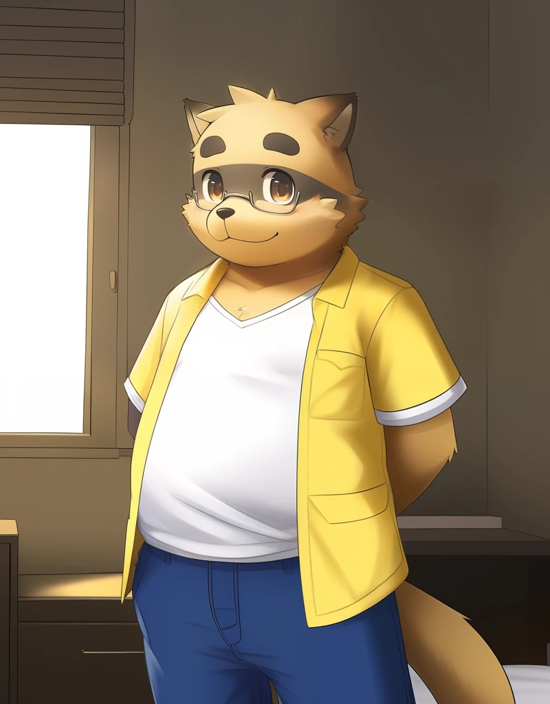 (((detailed eyes, detailed face))), (furry, kounosuke <lora:character_kounosuke_findigo_v1:0.9>, white belly, white chest, glasses), male, (solo), (plump, fat, chubby, overweight), (yellow jacket, open clothes, white shirt, blue pants), standing, (arms behind back), smile BREAK (konzaburou, ukan_muri, cute), bedroom, (flat shading, [flat color], high brightness), 8k, UHD, masterpiece, (full body)