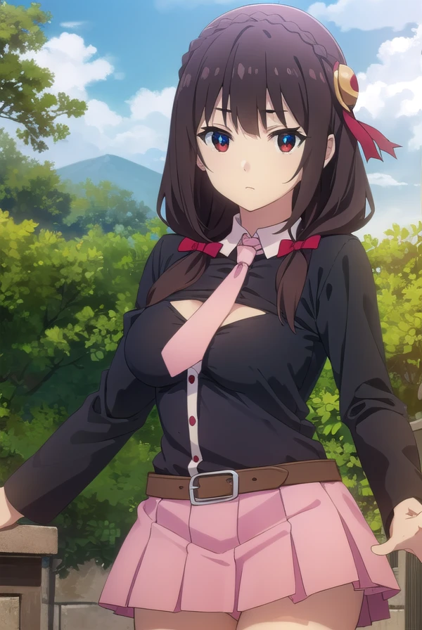 konosubayunyun, <lora:konosuba yunyun movie-lora-nochekaiser:1>,
yunyun, long hair, brown hair, hair ornament, (red eyes:1.3), bow, ribbon, twintails, braid, hair bow,
BREAK skirt, long sleeves, necktie, belt, clothing cutout, cleavage cutout, pink skirt, pink necktie,
BREAK outdoor, forest, nature, trees, village, sky, sun, clouds,
BREAK looking at viewer, (cowboy shot:1.5),
BREAK <lyco:GoodHands-beta2:1>, (masterpiece:1.2), best quality, high resolution, unity 8k wallpaper, (illustration:0.8), (beautiful detailed eyes:1.6), extremely detailed face, perfect lighting, extremely detailed CG, (perfect hands, perfect anatomy),