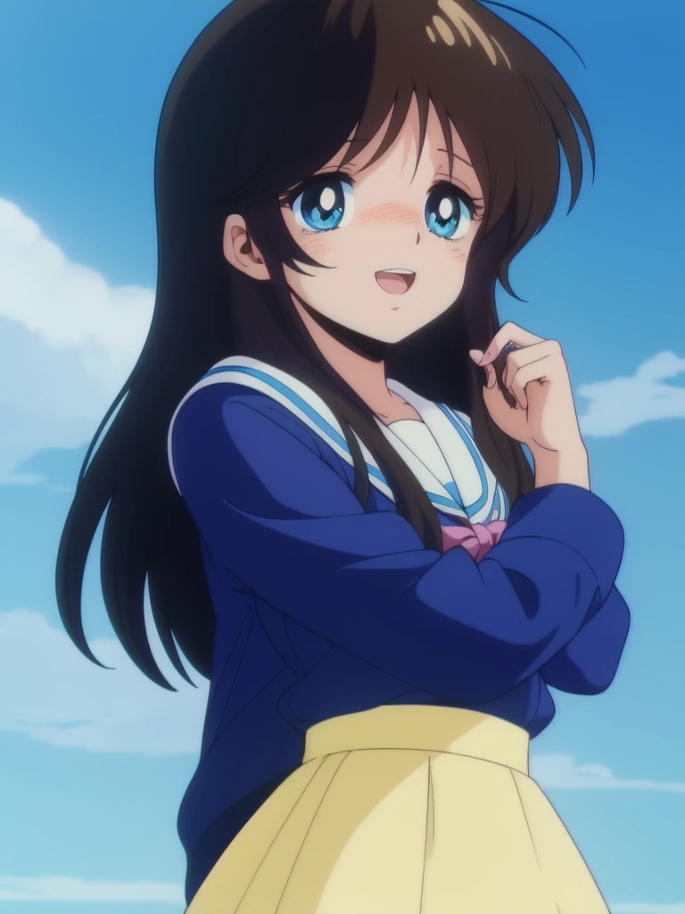 <lora:NonomuraAmi_BeMybaby_Ver2:0.8>NonomuraAmi, 1girl, soro, long_hair, black_brown_hair, blue_eyes, bangs, long sleeve, skirt, cowboy Shot, smile, blush, blue sky, open mouth,
masterpiece, high quality, very_high_resolution, large_filesize, full color, 1980s \(style\), anime, anime_screencap, animated gif, mp4 ,video, animated,