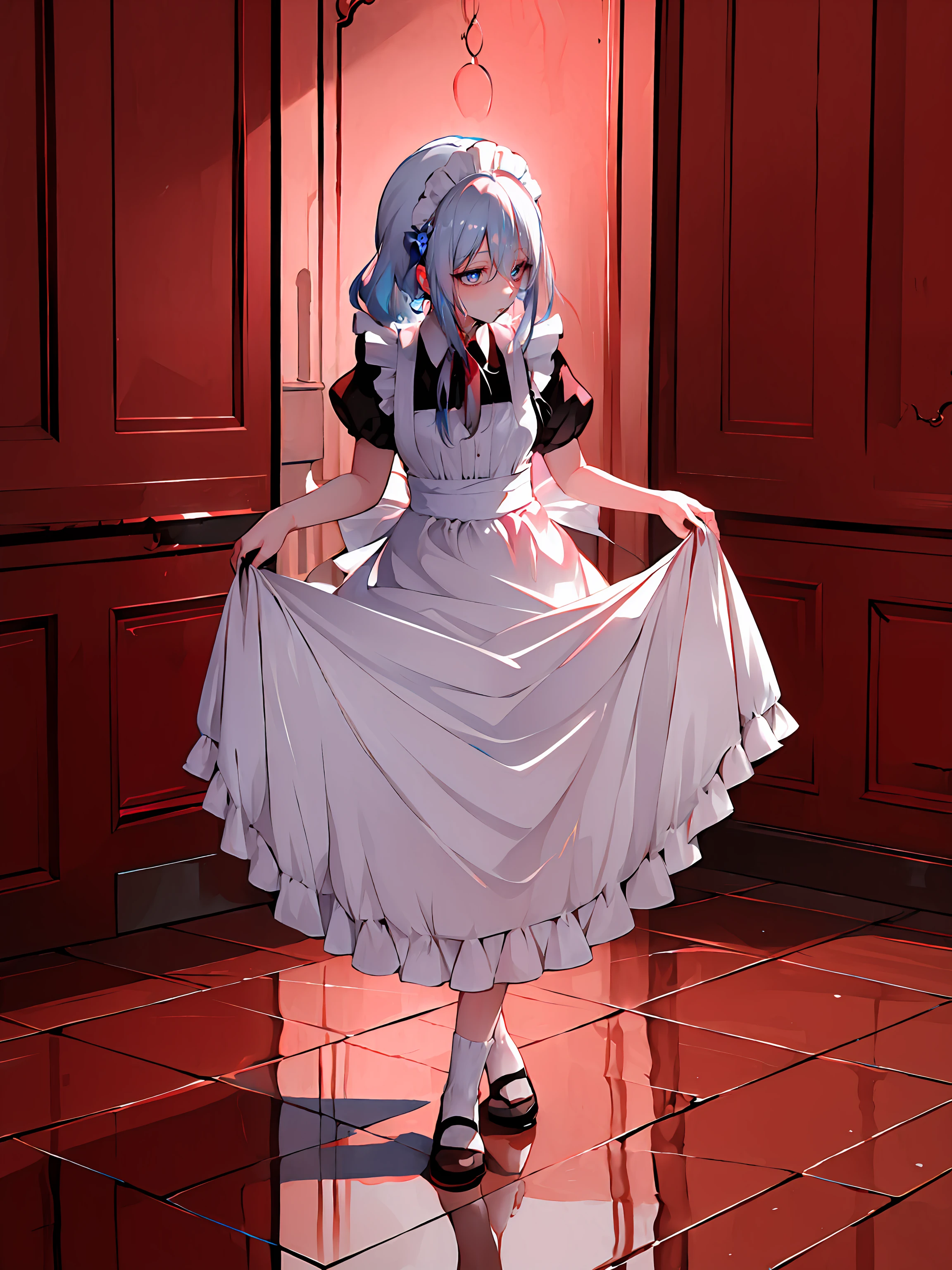((masterpiece,best quality)), 1girl, hanya, maid apron, maid headdress, curtsey, standing, water, reflection,