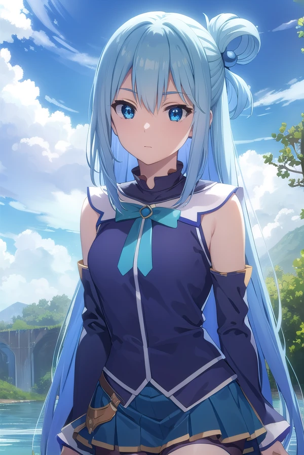 konosubaaqua, <lora:konosuba aqua movie-lora-nochekaiser:1>,
aqua, long hair, blue eyes, hair ornament, very long hair, blue hair, hair rings, single hair ring, hair bobbles,
BREAK skirt, shirt, thighhighs, bare shoulders, detached sleeves, white thighhighs, blue skirt, blue shirt, green bow,
BREAK outdoor, forest, nature, trees, village, sky, sun, clouds,
BREAK looking at viewer, (cowboy shot:1.5),
BREAK <lyco:GoodHands-beta2:1>, (masterpiece:1.2), best quality, high resolution, unity 8k wallpaper, (illustration:0.8), (beautiful detailed eyes:1.6), extremely detailed face, perfect lighting, extremely detailed CG, (perfect hands, perfect anatomy),