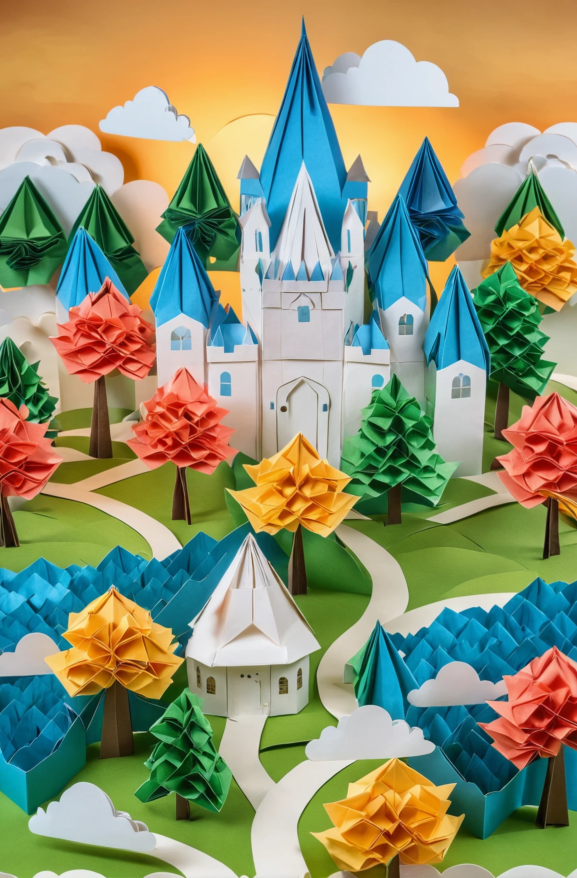 castle made of paper, highly detailed, paper clouds, paper trees, paper landscape, Modular Origami, Ultra-HD, Super-Resolution, origami, paper art, high quality image, masterpiece, hdr, 4k,