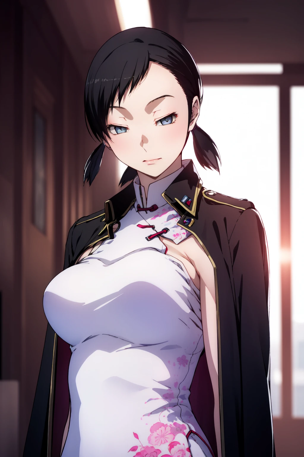 (RAW photo, best quality), 1girl, natural lighting, solo, modern hospital,
<lora:smt_devil_survivors_2_fumi_kanno_v1_2-000003:1>, fumi kanno, china dress, upper body, jacket on shoulders