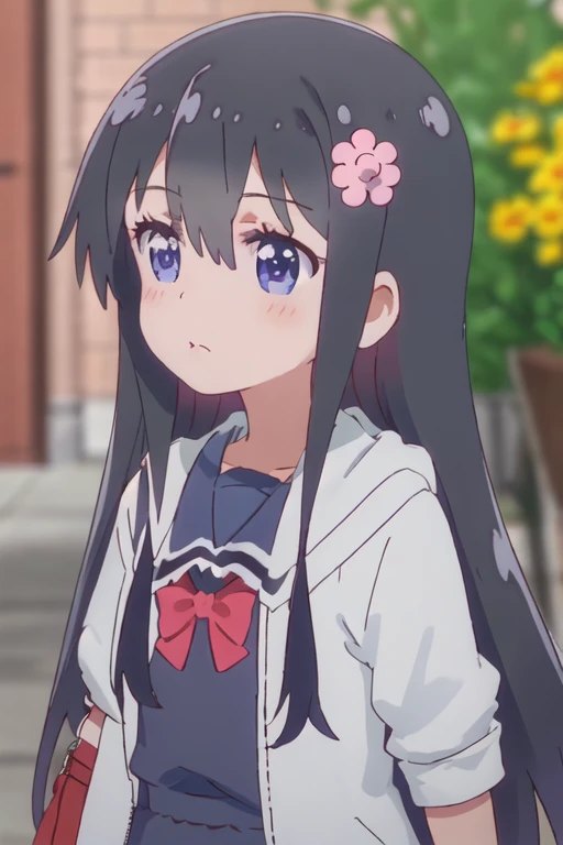 best quality, masterpiece, highres, solo, {hana_shirosaki_watashinitenshigamaiorita:1.15}, black_hair, long_hair, bangs, blush, blue_eyes, hair_between_eyes, hair_ornament, closed_mouth, flower, hair_flower, pink_flower, 1girl, blurry, blurry_background, child, day, female_child, outdoors, shirt, jacket, upper_body, portrait, looking_away, open_jacket
