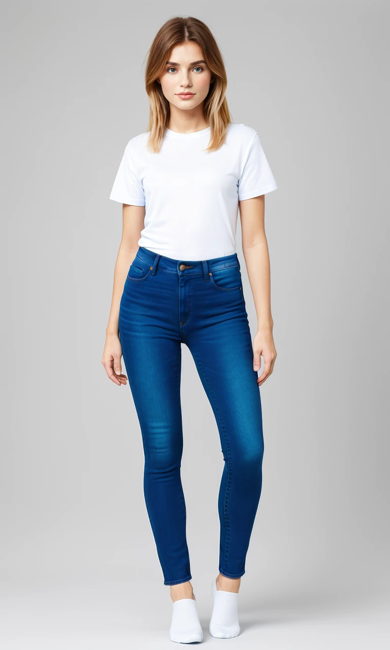 pretty woman standing solo wearing ankle_socks. wearing jeans and tshirt, <lora:ankleSocks02:1.0>