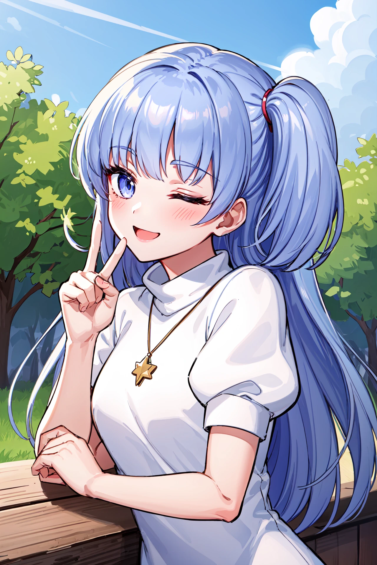 upper_body,one eye closed,peace sign over eye,<lora:marishaV1:0.95>,marisha,blunt bangs, jewelry, happy, puffy short sleeves, white dress, brown loafers, pendant, turtleneck, no socks,outdoors,(masterpiece, best quality, ultra-detailed, best shadow)