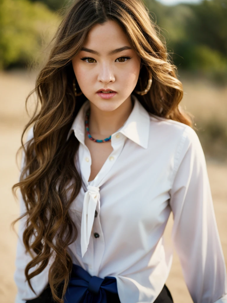 Realistic photo of a beautiful d3v0n4 woman,1girl,solo,long hair,open mouth,brown hair,shirt,white shirt,upper body,parted lips,necktie,teeth,collared shirt,blurry,black eyes,lips,portrait,blue necktie,realistic, soft lighting, professional Photography, Photorealistic, detailed, RAW, analog, sharp focus, 8k, HD, high quality, masterpiece<lora:d3v0n4:1.0>