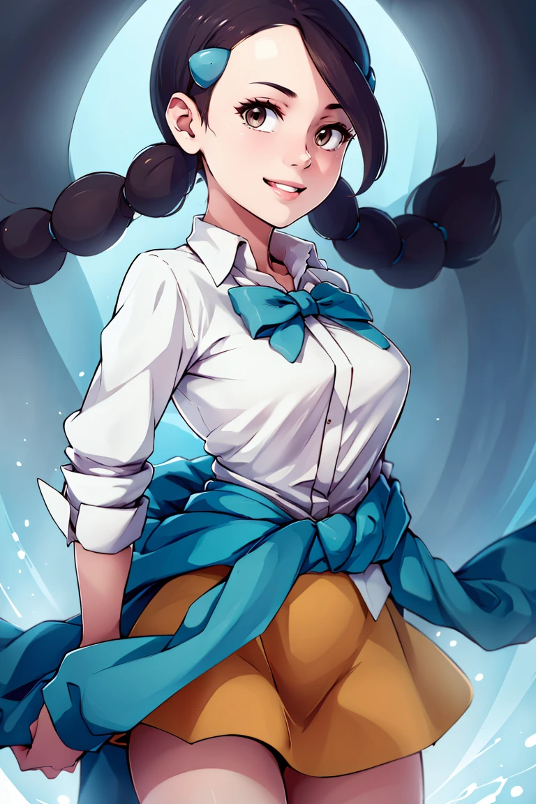 <lora:ricegnat_style:0.8>,((masterpiece,best quality)), absurdres, <lora:Candice_Pokemon:0.8>, Candice_Pokemon, hair ornament, twintails, hairclip, striped socks, bowtie, sweater around waist, brown skirt, solo, smiling, looking at viewer, cowboy shot