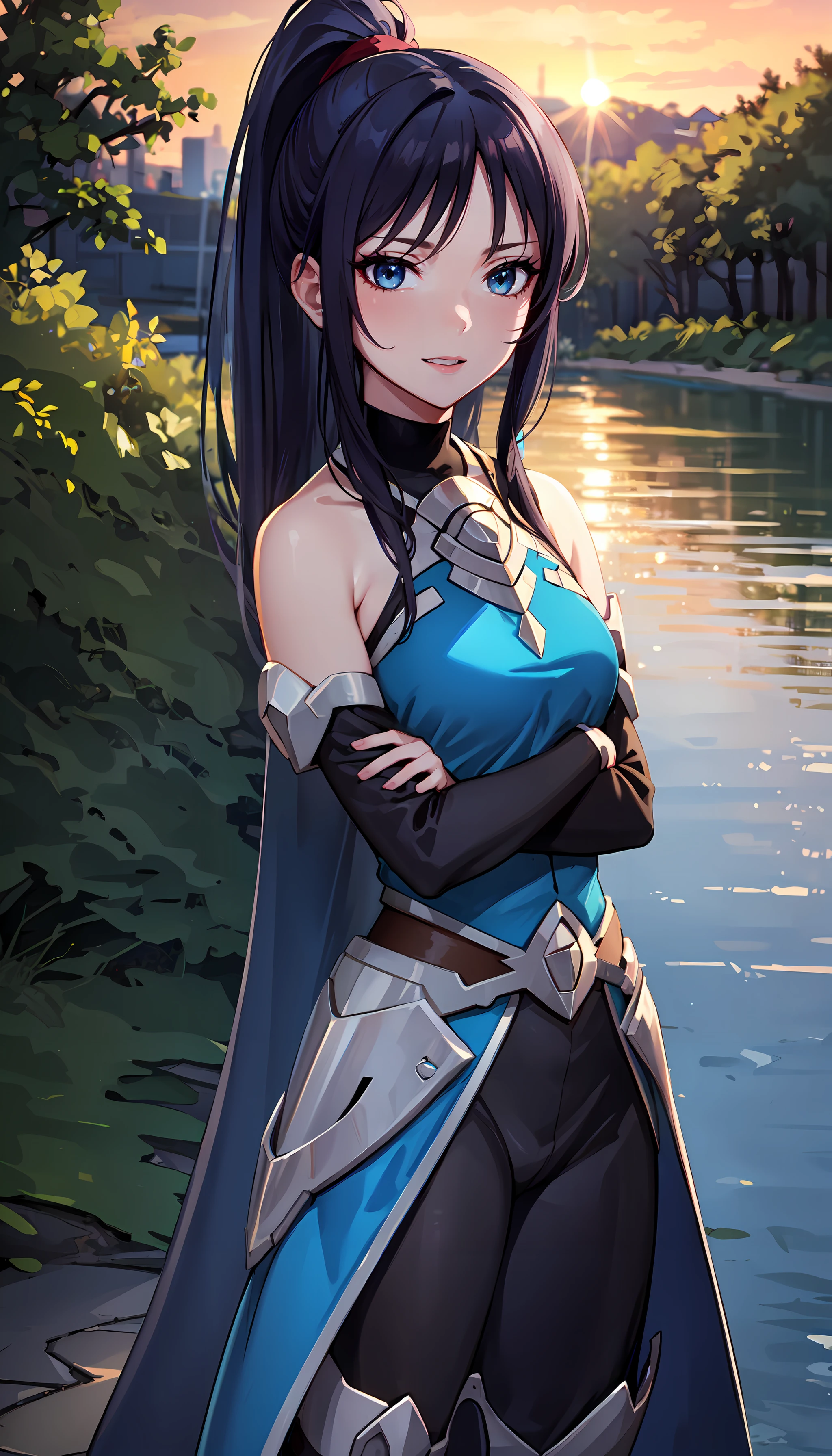 photorealistic, (4k), depth of field, (Masterpiece), (realistic skin texture), extremely detailed, intricate, hyper detailed, professional photography, bokeh, high resolution, sharp detail, best quality, girl, <lora:GoodHands-vanilla:0.8> , <lora:detail_slider_v4:0.8> , blue hair, long hair, ponytail, bangs, light blue eyes, detached sleeves, black sleeves, blue top, black sleeves, blue waist cape, halterneck, black undershirt, arms crossed, <lora:Setsuna Shiga:0.7> , lakeside, pine trees, sunset reflections, tranquility, ripples, breeze, nature, solitude, harmony, happy