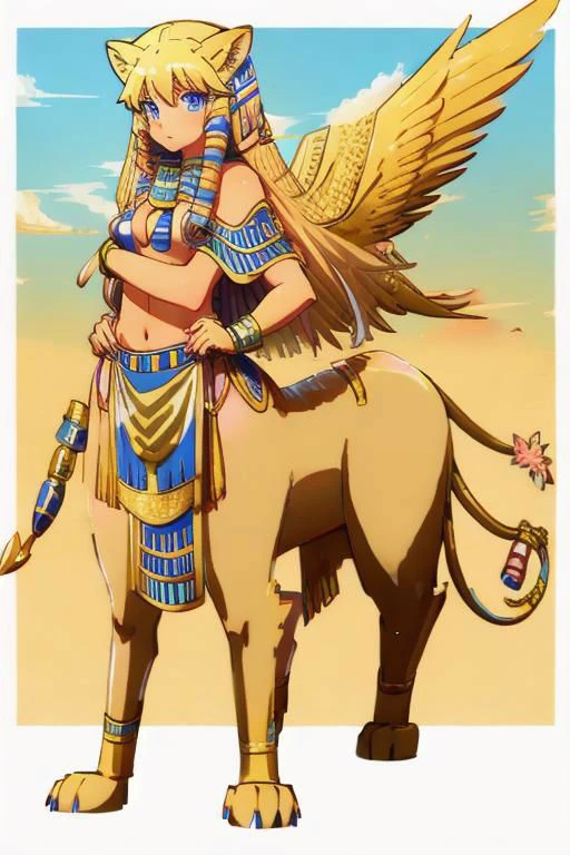 (masterpiece, best quality), dynamic angle, long blonde hair, nemes, blue eyes, 1girl, Sphinx, 4 legged, centaur, lion, tail, paws, egypt, wings, egyptian background, pyramids, anime, full body