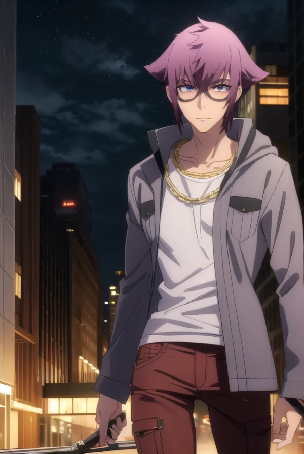 yuuyamirokuji, <lora:yuuya mirokuji s1-lora-nochekaiser:1>,
yuuya mirokuji, purple hair, male focus, sunglasses,
BREAK necklace, chain, jacket, grey jacket, pants, red pants, shirt, white shirt,
BREAK outdoor, city, night, sky, buildings, moon, clouds,
BREAK looking at viewer, (cowboy shot:1.5),
BREAK <lyco:GoodHands-beta2:1>, (masterpiece:1.2), best quality, high resolution, unity 8k wallpaper, (illustration:0.8), (beautiful detailed eyes:1.6), extremely detailed face, perfect lighting, extremely detailed CG, (perfect hands, perfect anatomy),