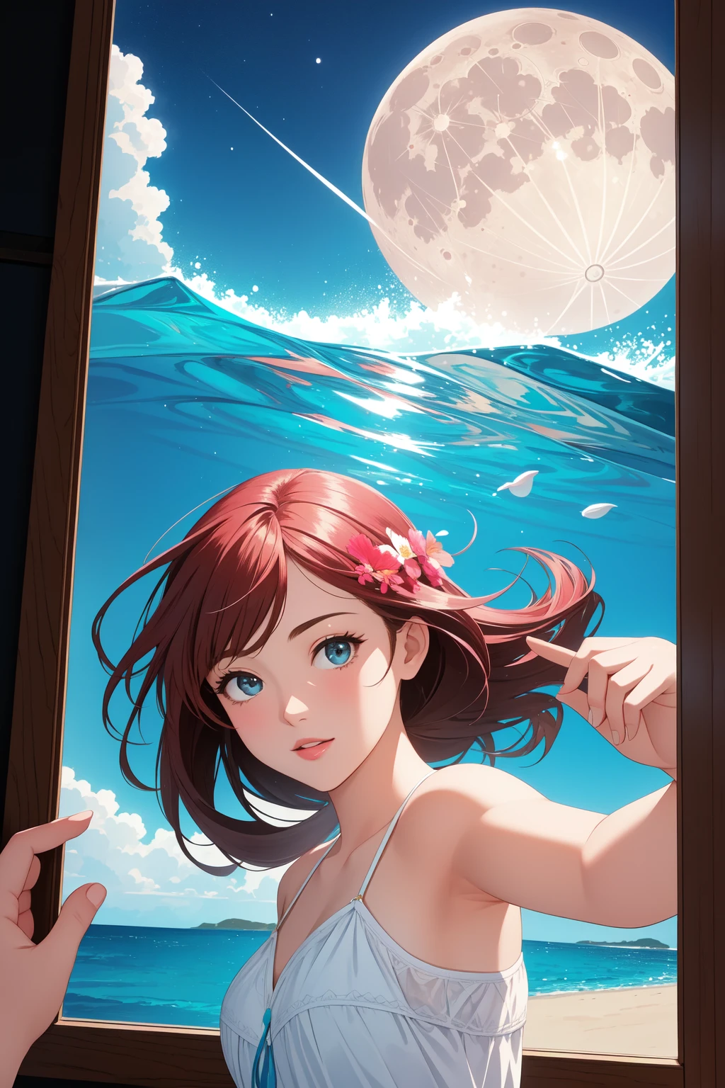 1girl, masterwork, stylized, selfie shot angle of a Figural Deformed ("Smooth, it's like the ocean under the moon.":1.3) , from inside of a [Nerdy|1900'S] United Kingdom, spring flower field and beach, Foggy, horizon-centered, Graphic novel, Fantasy, Villagecore, short lighting, Depth of field 270mm, Vibrant Color, under water, underpainting, photolab, most beautiful artwork in the world