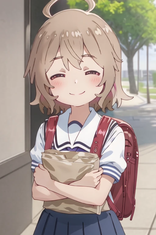 best quality, masterpiece, highres, solo, {kanon_konomori_watashinitenshigamaiorita:1.15}, blush, brown_hair, smile, short_hair, ahoge, bangs, brown_eyes, closed_mouth, closed_eyes, 1girl, backpack, bag, randoseru, school_uniform, upper_body, female_