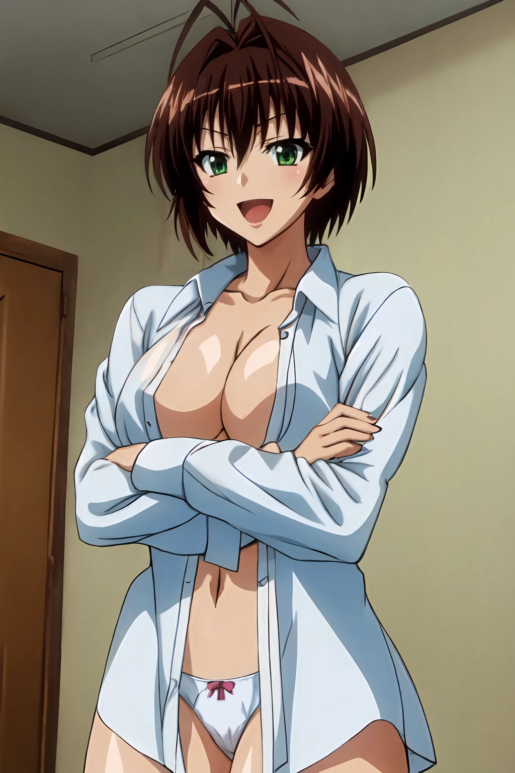 (masterpiece, best quality:1.2), highres, anime screencap, anime coloring, perfect lighting, 1girl, solo, smile, open mouth,
NGSanime_V2, brown hair, short hair, bangs, (antenna hair:0.8), green eyes, brown eyes, large breasts, collarbone, cleavage, navel,
white shirt, dress shirt, long sleeves, open shirt, no bra, white panties, bow panties,
standing, crossed arms,
looking at viewer, straight-on,
<lora:add_detail_CyberAlchemist:0.4>, <lora:GoodHands-beta2:0.8>, <lora:NGSanimeV2:0.85>