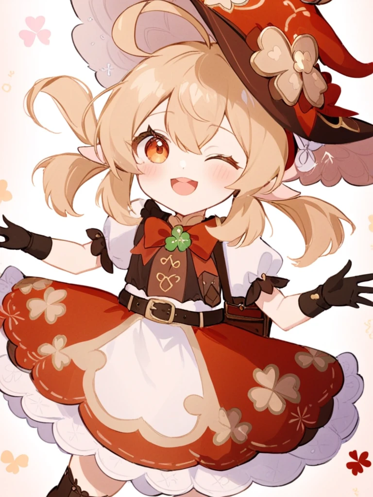 <lora:å¯è:1>ï¼1girl, one_eye_closed, solo, hat, ;d, sidelocks, witch_hat, long_hair, looking_at_viewer, smile, bangs, klee_\(genshin_impact\), light_brown_hair, hair_between_eyes, gloves, pointy_ears, black_gloves, alternate_costume, v, ahoge, hat_bow, low_twintails, twintails, short_sleeves, bow, clover_print, hat_ornament, orange_eyes, belt, open_mouth, simple_background, signature, depth_of_field