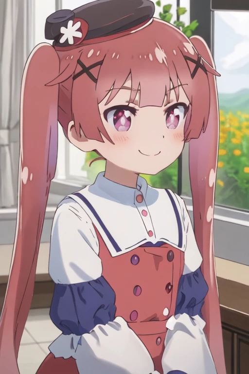 best quality, masterpiece, highres, solo, {koyori_tanemura_watashinitenshigamaiorita:1.15}, bangs, blush, long_hair, hair_ornament, x_hair_ornament, twintails, purple_eyes, red_hair, closed_mouth, smile, brown_hair, indoors, very_long_hair, 1girl, blurry, blurry_background, depth_of_field, hat, mini_hat, mini_top_hat, red_dress, tilted_headwear, upper_body, black_headwear, brown_headwear, dress, looking_away, pink_hair