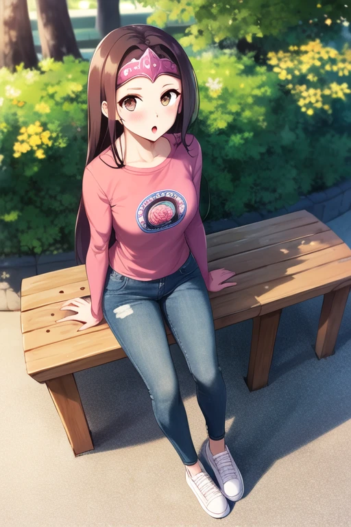 masterpiece, best quality, <lora:susana_distancia:0.7> 1girl, solo, long hair, brown hair, brown eyes, looking at viewer, smile, diadem, pink shirt, long sleeves, :o, from above, sitting, park bench, jeans, outdoors, park, sunlight, blush,