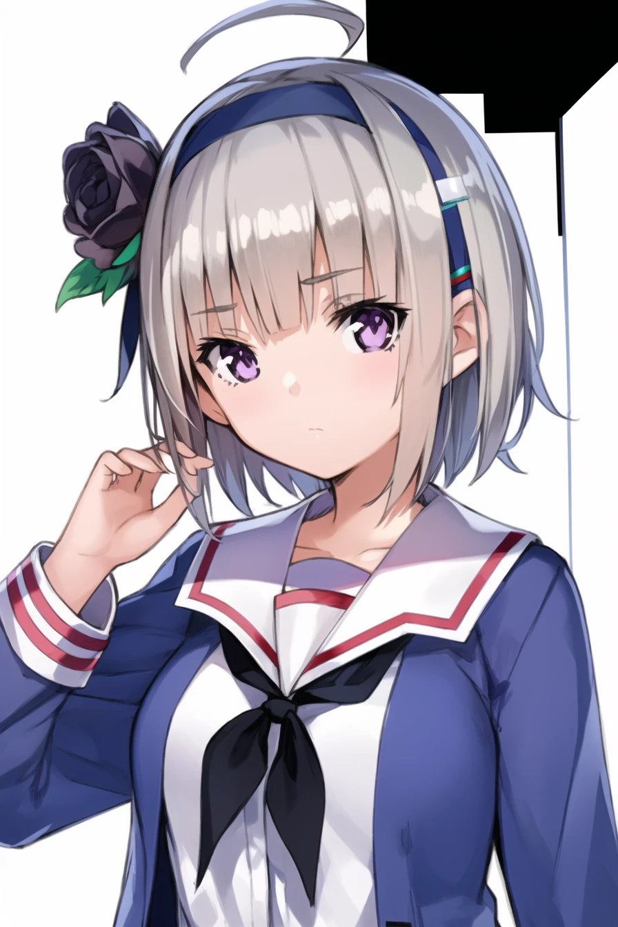 1girl, solo, purple eyes, hair ornament, short hair, ahoge, white background, hair flower, flower, simple background, looking at viewer, hairband, school uniform, konpaku youmu, upper body, cardigan, grey hair, open clothes, serafuku, long sleeves, <lora:hbr:0.8>