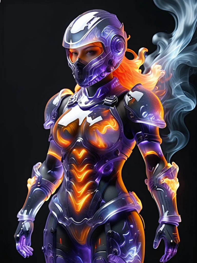 Abstract style 1girl,full body,smoke,water,cloud,fire,, best quality, ultra high res, (photorealistic:1.4), . Non-representational, colors and shapes, expression of feelings, imaginative, highly detailed, (transparent heavy armor warrior tranzp suit:1) neon vein, heavy armor helmet with purple and orange neon transparent glow <lora:ral-blueresin-sdxl:1> made of ral-blueresin