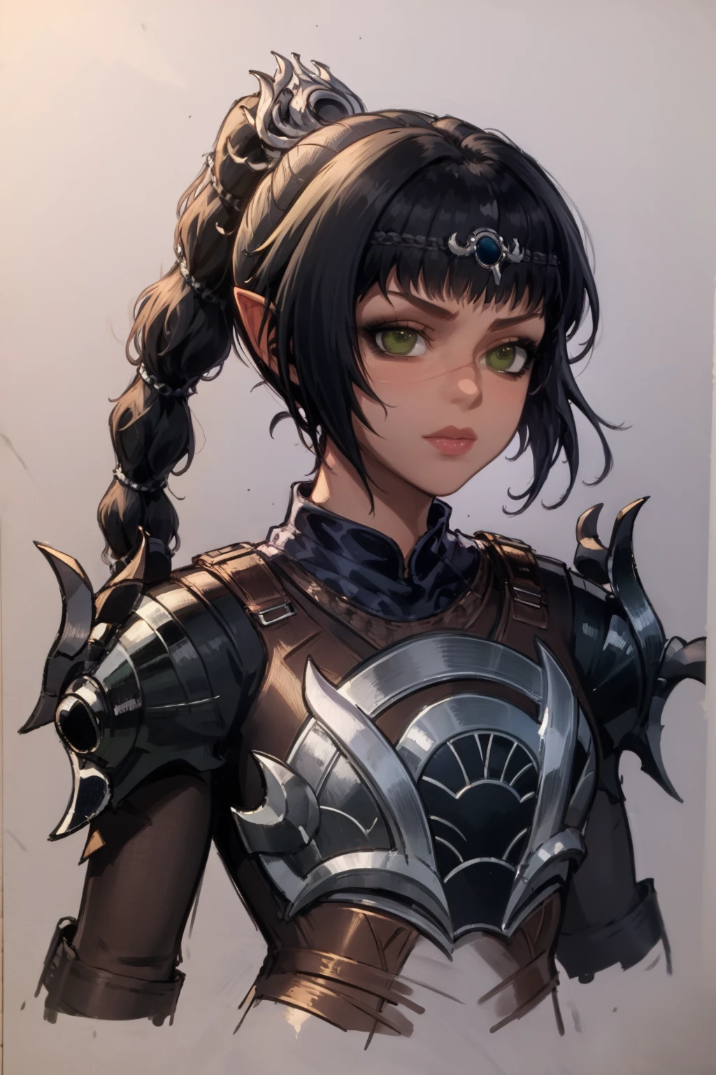 masterpiece, best quality, 1girl, shadowheart, black hair, braided ponytail, green eyes, circlet, upper body, armor, expresionless, sketch, looking at viewer, simple background <lora:ShadowHeartV2:1> <lora:WangxiNAI:1>