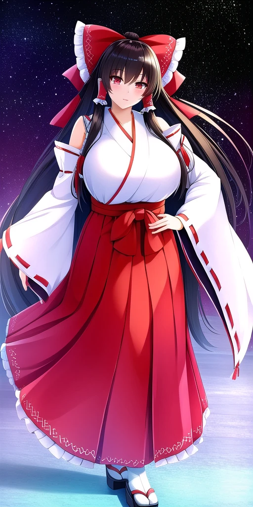 <lora:ReimuV1:0.7> hakureireimu, huge_breasts, standing, solo, miko, hakama_skirt,, starry_sky,, masterpiece, best quality, detailed face, detailed eyes, highres,