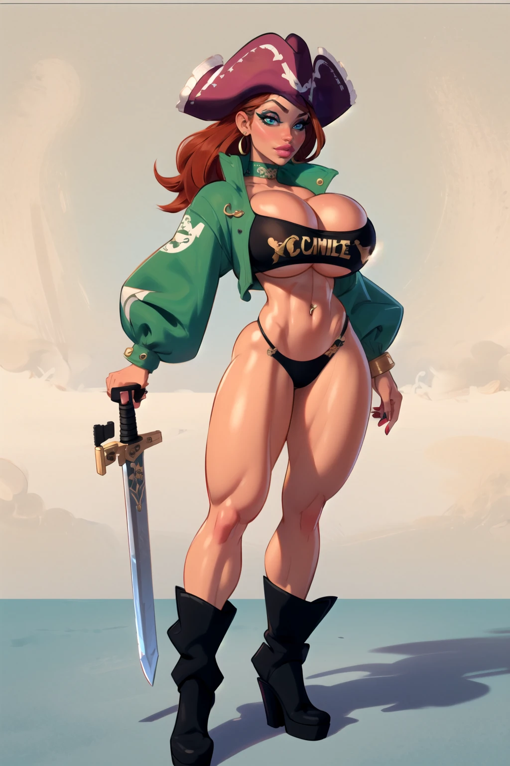 Masterpiece, best quality, in PIT-Erotic-style style,1girl, solo, long hair, breasts, hat, navel, holding, cleavage, jewelry, underwear, panties, full body, weapon, red hair, boots, midriff, sword, nail polish, huge breasts, bracelet, covered nipples, lips, gun, makeup, piercing, eyepatch, lipstick, handgun, dual wielding, navel piercing, pirate hat, pirate fit body,muscular,bimbo, thick lips, small waist, large breast, large butt perfect hands, comic panel, <lora:PIT-EroticStylev2:0.85>