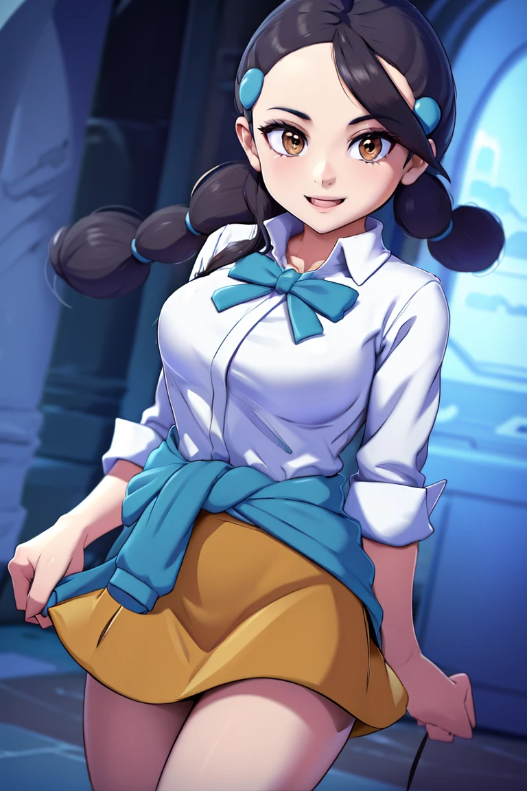 <lora:twistedscarlett60_style:0.8>,((masterpiece,best quality)), absurdres, <lora:Candice_Pokemon:0.8>, Candice_Pokemon, hair ornament, twintails, hairclip, striped socks, bowtie, sweater around waist, brown skirt, solo, smiling, looking at viewer, cowboy shot