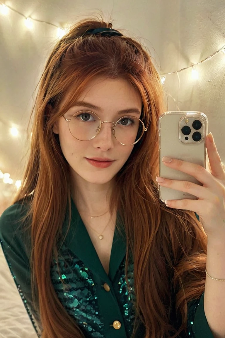 <lora:iphone_mirror_selfie_v01b:1>
((very grainy low resolution:1.2))
 iphone mirror selfie
redhead long flowing hair, woman holding iphone pro
bedroom at night, cluttered, messy, ((petite))
 slight smile, wearing glasses
sitting,
(soft lighting, fairy string lights,), low key dark lighting,