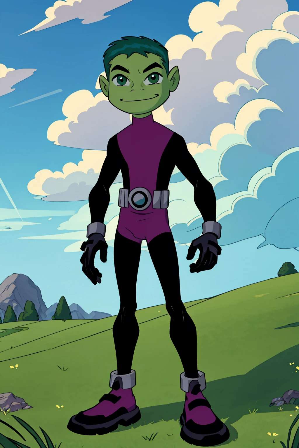 masterpiece, best quality, 1boy, beastboy, green hair, short hair, green eyes, green skin, body suit, gloves, belt, smile, full body, looking at viewer, solo, standing, blue sky, cloud, grass, meadow background <lora:BeastBoyTT:1>