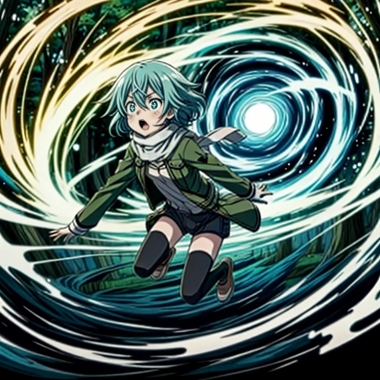 ((top quality, 8k wallpaper)),(masterpiece, best quality),extremely detailed,high definition,(official art:1.3),(((anime screencap,black outline))),<lora:more_details:0.3>,<lora:LCM_LoRA_Weights_SD15:1>,1girl,solo,scared,panicking,constricted pupils,raised eyebrows,wide-eyed,
<lora:sinon_v5:0.75>,sinon1,scarf,fingerless gloves,long sleeves,short shorts,hair ornament,hairclip,green thighhighs,green jacket,thigh strap,
BREAK
<lora:wormHole:0.4>,forest,grass,tree,river,surprised,floating,(glowing spiral hole),(((wormHoleAppear))),
