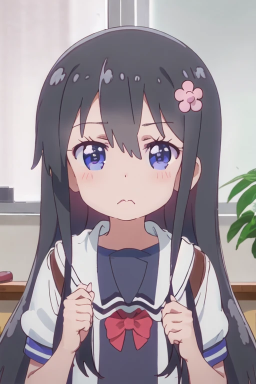 best quality, masterpiece, highres, solo, {hana_shirosaki_watashinitenshigamaiorita:1.15}, black_hair, long_hair, bangs, blush, blue_eyes, hair_between_eyes, hair_ornament, closed_mouth, flower, hair_flower, pink_flower