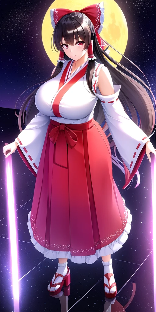 <lora:ReimuV1:0.7> hakureireimu, huge_breasts, standing, solo, miko, hakama_skirt,, starry_sky,, masterpiece, best quality, detailed face, detailed eyes, highres,
