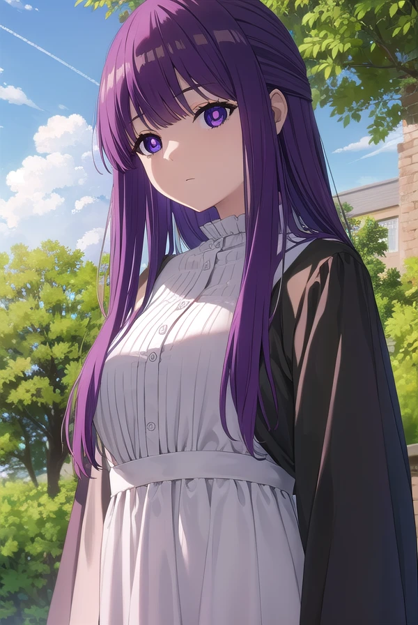 fern, <lora:fern s1-lora-nochekaiser:1>,
fern, long hair, bangs, (purple eyes:1.1), purple hair, sidelocks, blunt bangs, (bright pupils:1.5), half updo,
BREAK long sleeves, dress, white dress, long dress, robe, black robe,
BREAK outdoor, sky, clouds, sun, forest, trees,
BREAK looking at viewer, (cowboy shot:1.5),
BREAK <lyco:GoodHands-beta2:1>, (masterpiece:1.2), best quality, high resolution, unity 8k wallpaper, (illustration:0.8), (beautiful detailed eyes:1.6), extremely detailed face, perfect lighting, extremely detailed CG, (perfect hands, perfect anatomy),