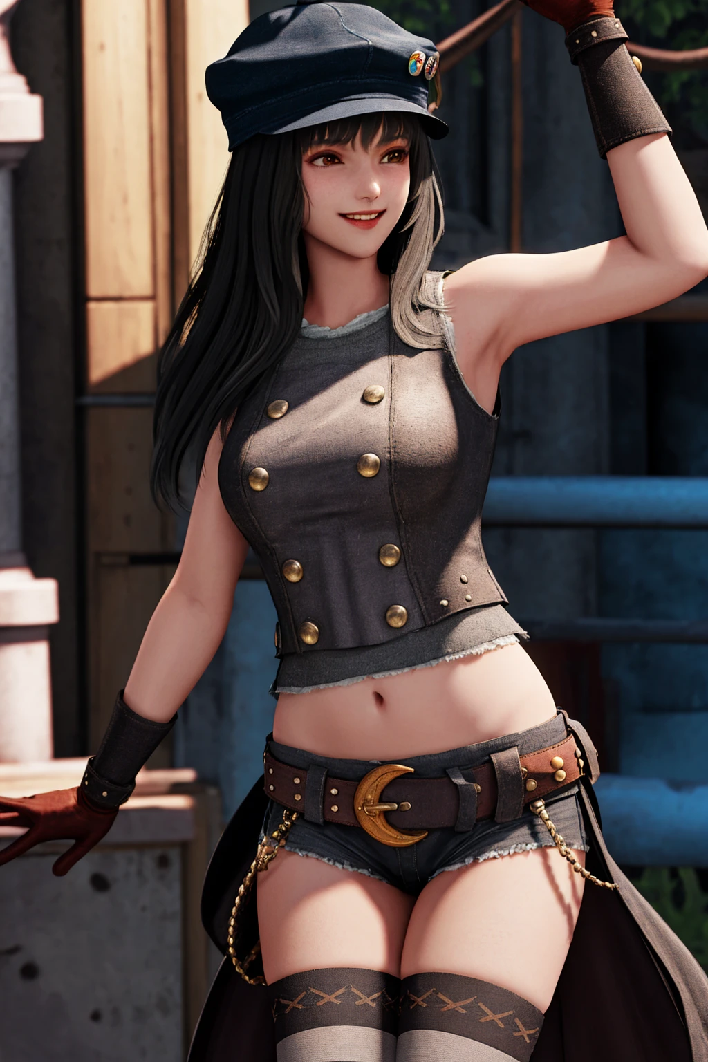 masterpiece, best quality, 1girl, the girl called kyrie canaan, hat, cabbie hat, long hair, button badge, badge, sleeveless, black hair, belt, thighhighs, navel, dynamic pose, smile, from side, <lora:ff7_kyrie canaan_1.5-000012:0.8>