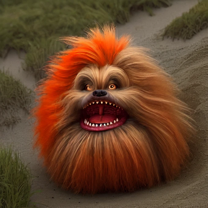 fizzgig, (orange haired fizzgig) mouth closed, at the beach, foliage, <lora:Fizzgig_Dark_Crystal-000011:1>