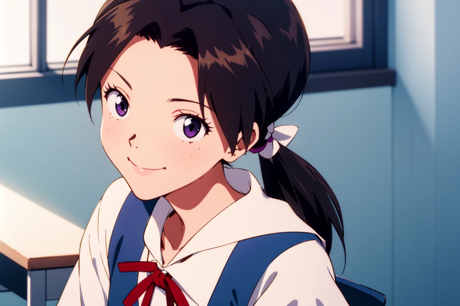 (RAW photo, best quality), 1girl,  natural lighting, solo, light smile,
 <lora:eva_horaki_hikari_v1_2:0.8>, horaki hikari, school uniform, ribbon,