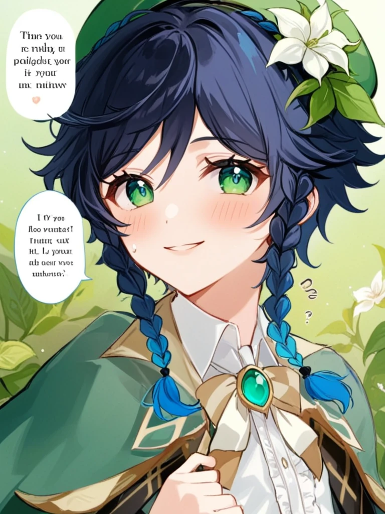 <lora:æ¸©è¿ª:1>ï¼venti_\(genshin_impact\), hat, braid, green_headwear, twin_braids, male_focus, green_eyes, black_hair, beret, blue_hair, multicolored_hair, flower, smile, white_flower, bangs, bow, gradient_hair, shirt, collared_cape, looking_at_viewer, leaf, collared_shirt, white_shirt, 1boy, short_hair_with_long_locks, cape, closed_mouth, hat_flower, androgynous, speech_bubble, solo_focus, blush, 2boys, english_text, multiple_boys