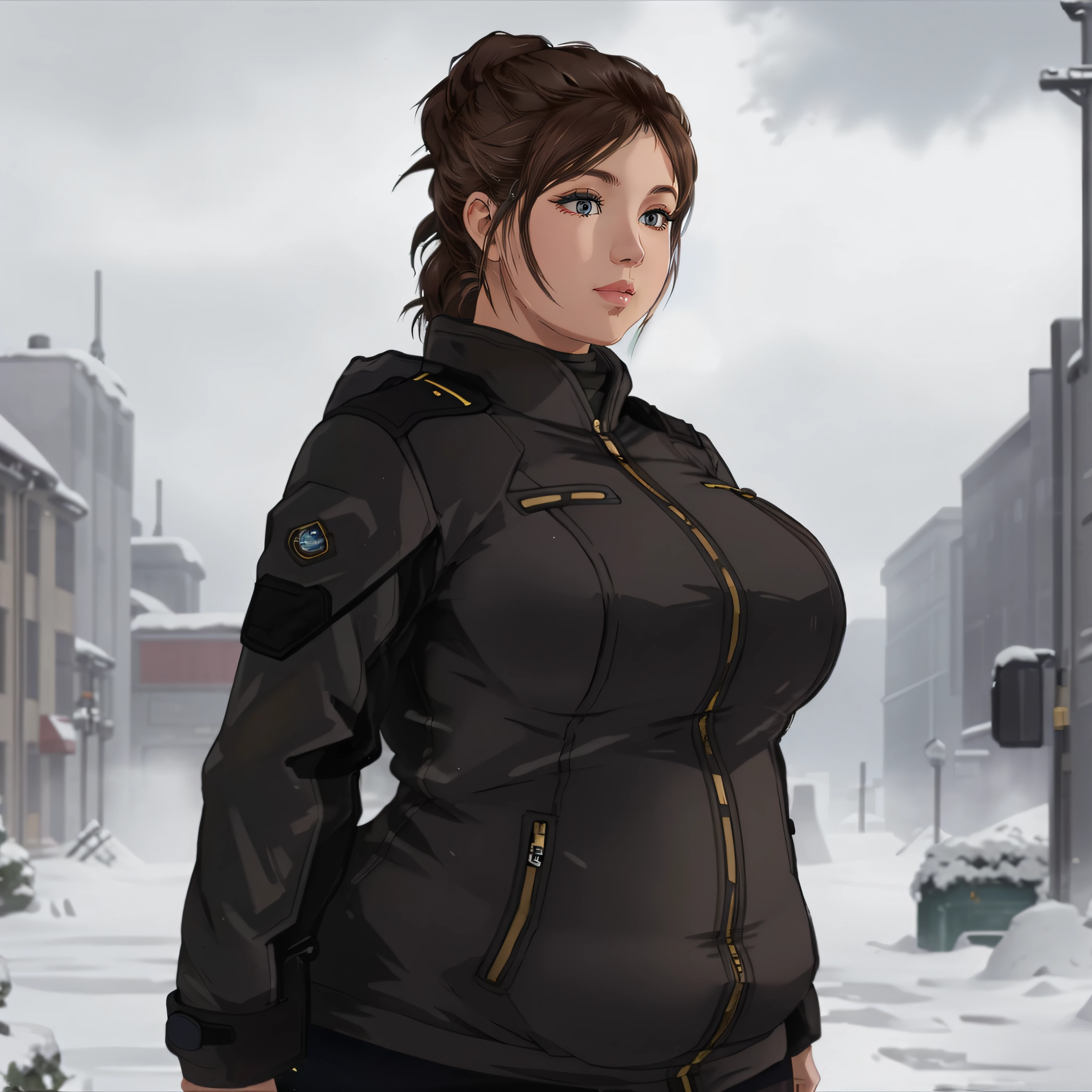 photorealistic, cinematic, <lora:gundam personnel:0.6>, <lora:ethica:0.4>, fat ethica, chubby face, braided ponytail, winter coat, skirt