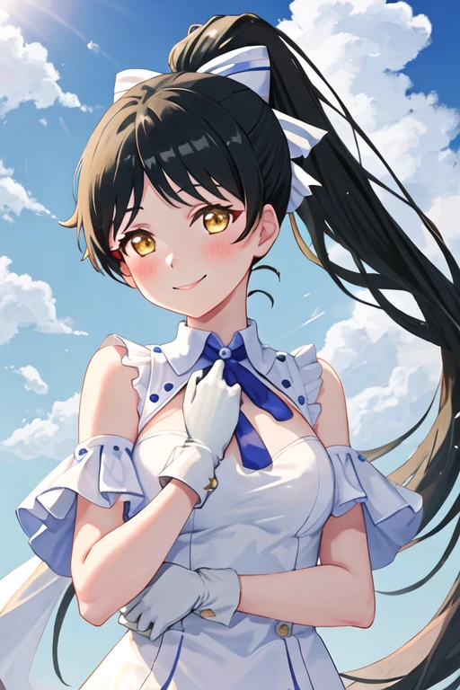 best quality, masterpiece, highres, solo, {hazuki_ren_lovelivesuperstar:1.15}, long_hair, bangs, yellow_eyes, black_hair, ponytail, high_ponytail, smile, blush, shiny_hair, birthday, ribbon, bow, breasts, hair_bow, 1girl, blue_sky, cloud, looking_at_viewer, shiny, sky, gloves, upper_body, white_gloves, cloudy_sky, medium_breasts