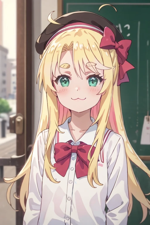 best quality, masterpiece, highres, solo, {noa_himesaka_watashinitenshigamaiorita:1.15}, blonde_hair, blush, long_hair, bangs, :3, bow, green_eyes, closed_mouth, hair_bow, red_bow, smile, ahoge, thick_eyebrows, ponytail, 1girl, beret, hat, white_headwear, female_child, parody, pink_bow, shirt, white_shirt, bowtie, portrait, anime_coloring, looking_at_viewer, pink_bowtie, blurry_background, child